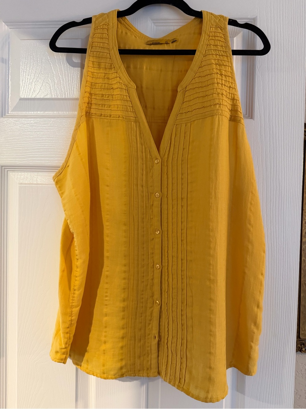 Prana Mustard Yellow Sleeveless Pintuck Button-Front Blouse